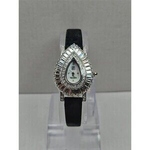 Victoria Wieck B6491 Teardrop Crystal MOP Dial Black Leather Watch New Battery